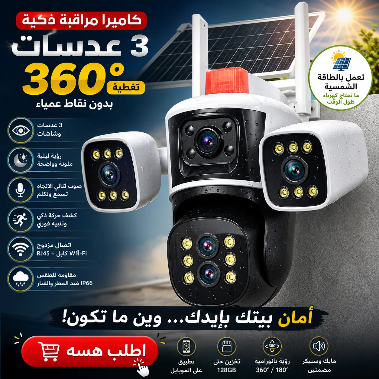 كاميرا مراقبة 3 عدسات بالطاقة الشمسية