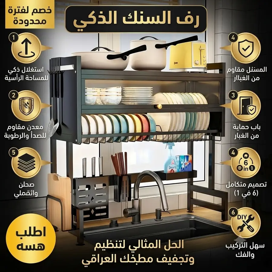 أقسام وتنظيم رف السنك الذكي الأسود