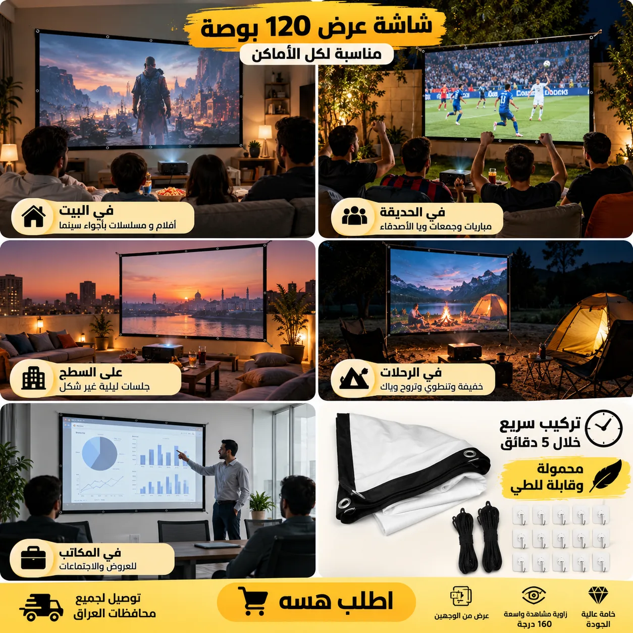 طرق استخدام الشاشة بالصالة، بالحديقة، وبالسفرات