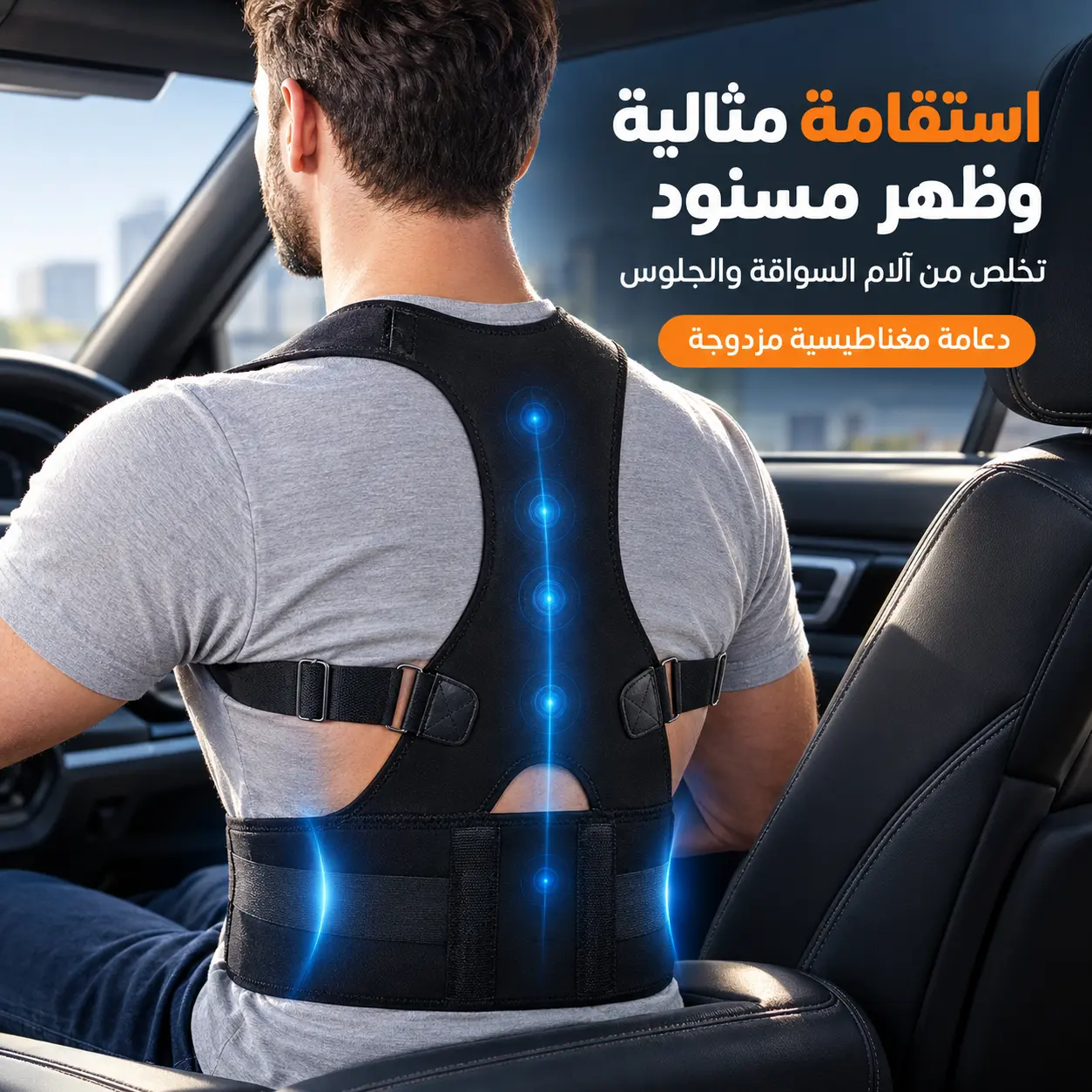 تصميم طبي يسند الظهر والكتف أثناء السياقة والجلوس الطويل